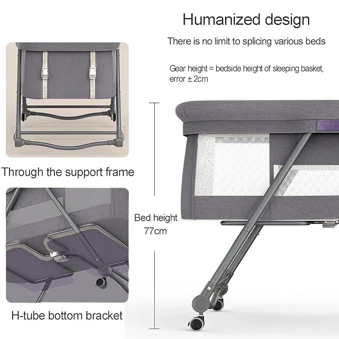Babymoon Baby Bed Crib Pram Cradle Portable Model with Mosquito Net & Bottom Frame with Handbag | Foldable, Adjustable and Movable-Grey