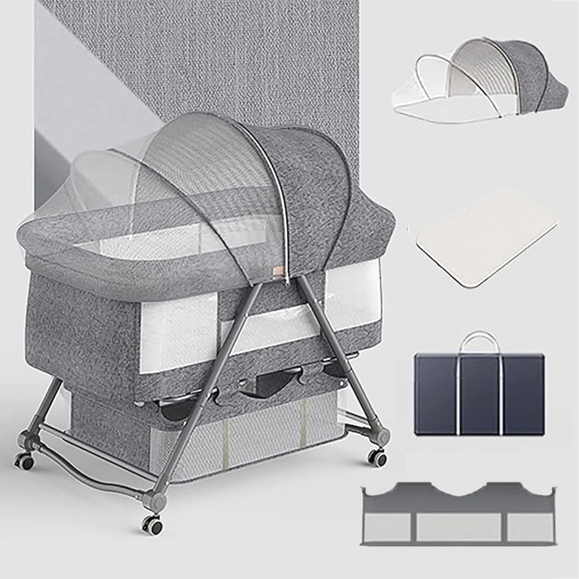 Babymoon Baby Bed Crib Pram Cradle Portable Model with Mosquito Net & Bottom Frame with Handbag | Foldable, Adjustable and Movable-Grey