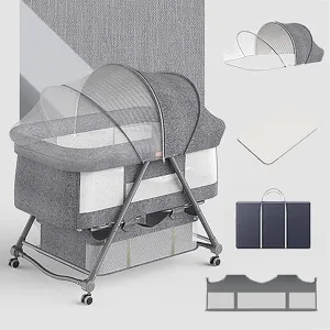 Babymoon Baby Bed Crib Pram Cradle Portable Model with Mosquito Net & Bottom Frame with Handbag | Foldable, Adjustable and Movable-Grey