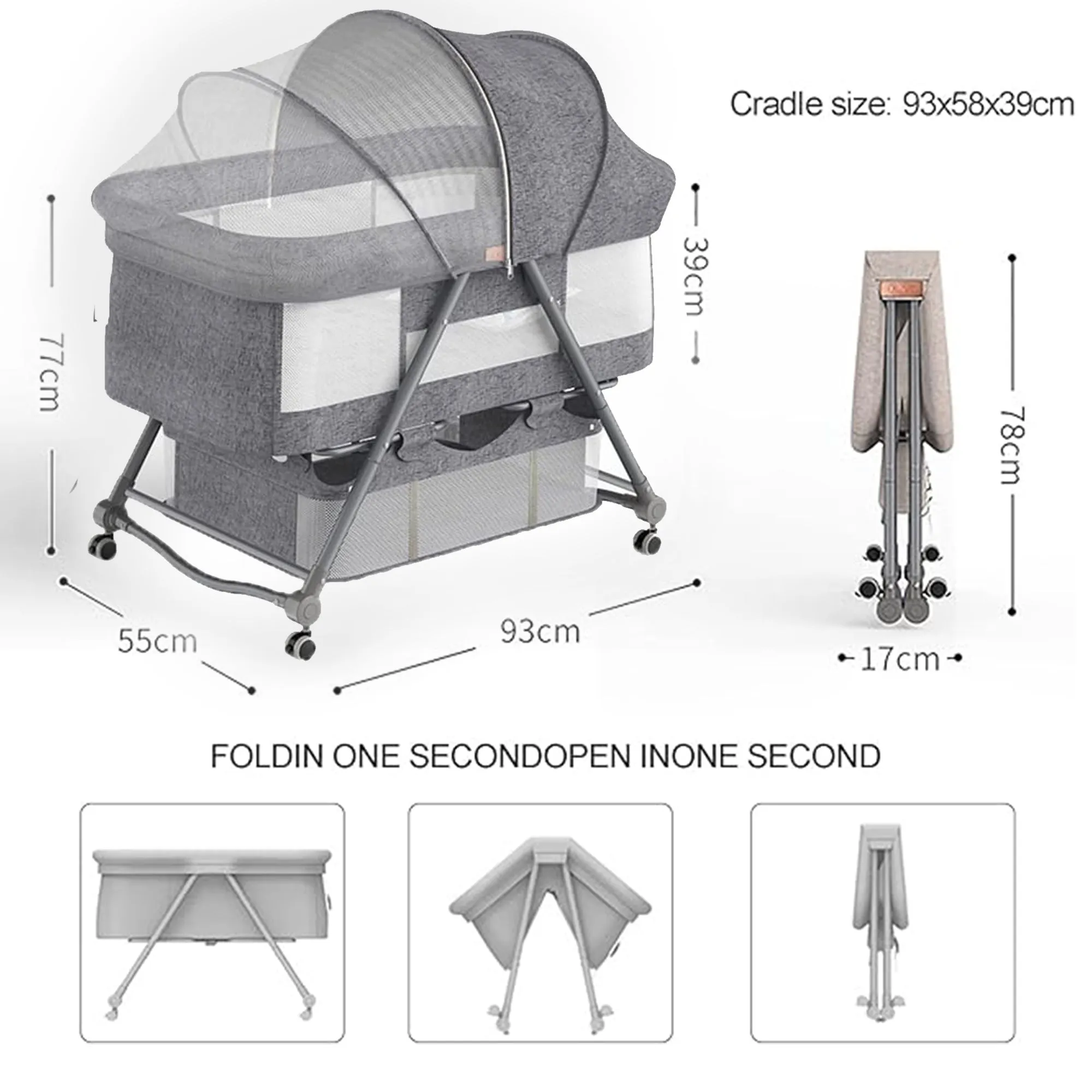 Babymoon Baby Bed Crib Pram Cradle Portable Model with Mosquito Net & Bottom Frame with Handbag | Foldable, Adjustable and Movable-Grey