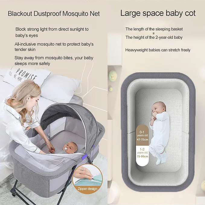 Babymoon Baby Bed Crib Pram Cradle Portable Model with Mosquito Net & Bottom Frame with Handbag | Foldable, Adjustable and Movable-Grey