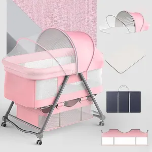 Babymoon Baby Bed Crib Pram Cradle Portable Model with Mosquito Net & Bottom Frame with Handbag | Foldable, Adjustable and Movable-Pink