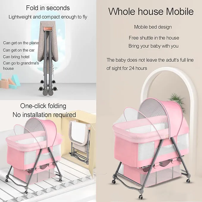 Babymoon Baby Bed Crib Pram Cradle Portable Model with Mosquito Net & Bottom Frame with Handbag | Foldable, Adjustable and Movable-Pink