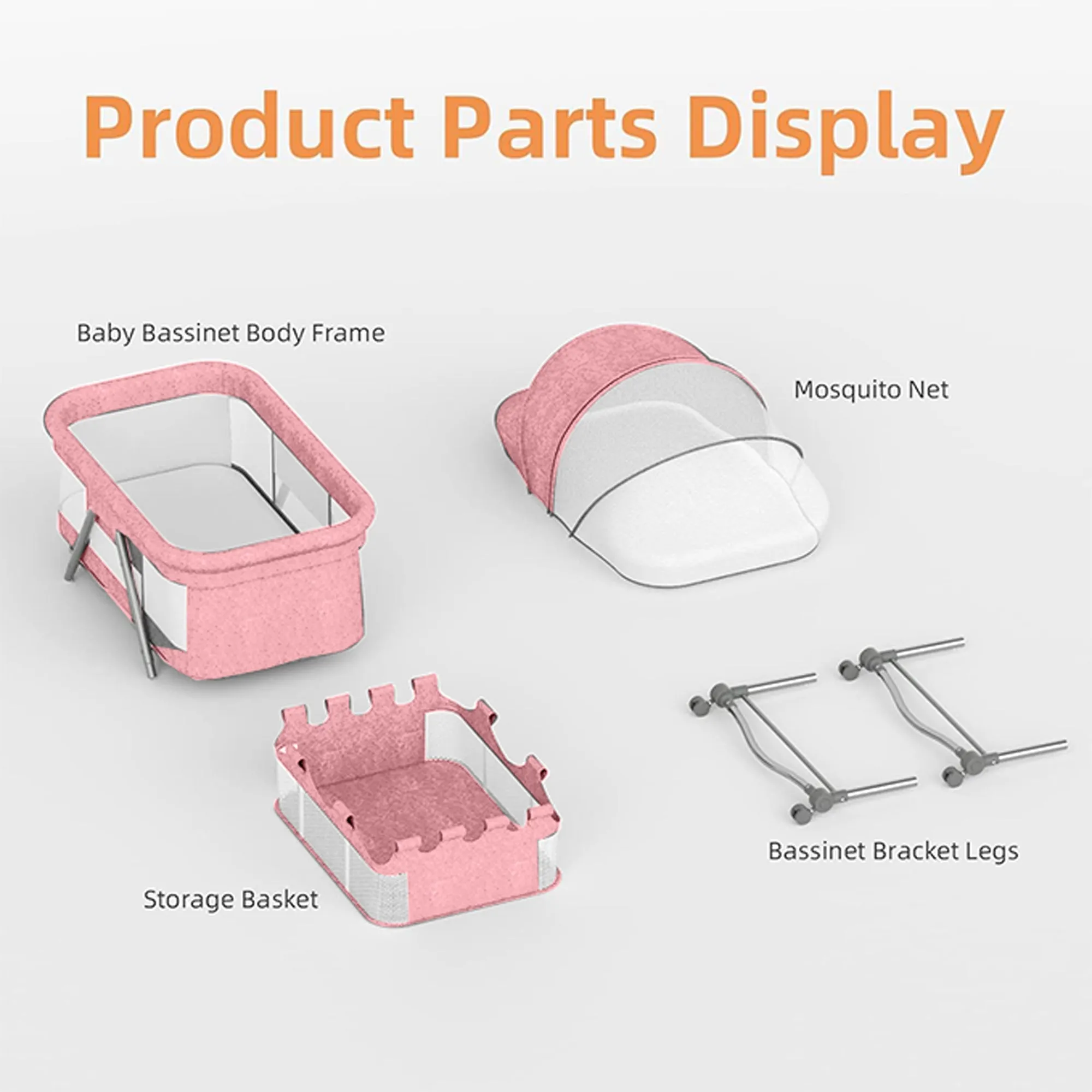 Babymoon Baby Bed Crib Pram Cradle Portable Model with Mosquito Net & Bottom Frame with Handbag | Foldable, Adjustable and Movable-Pink