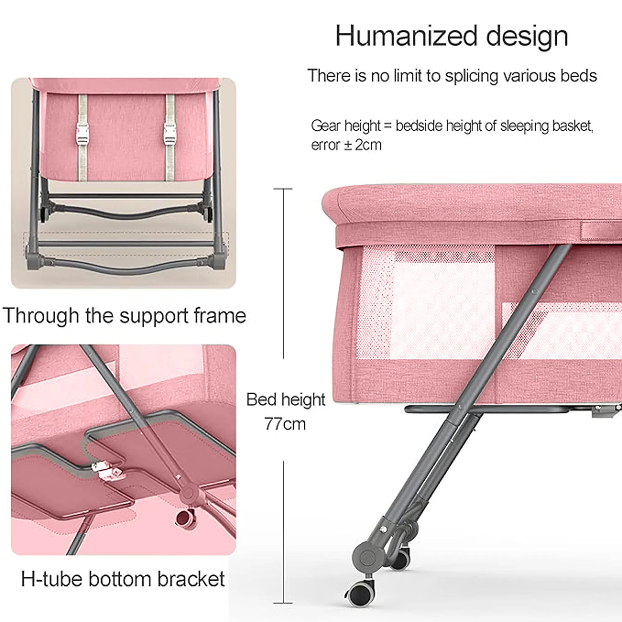 Babymoon Baby Bed Crib Pram Cradle Portable Model with Mosquito Net & Bottom Frame with Handbag | Foldable, Adjustable and Movable-Pink