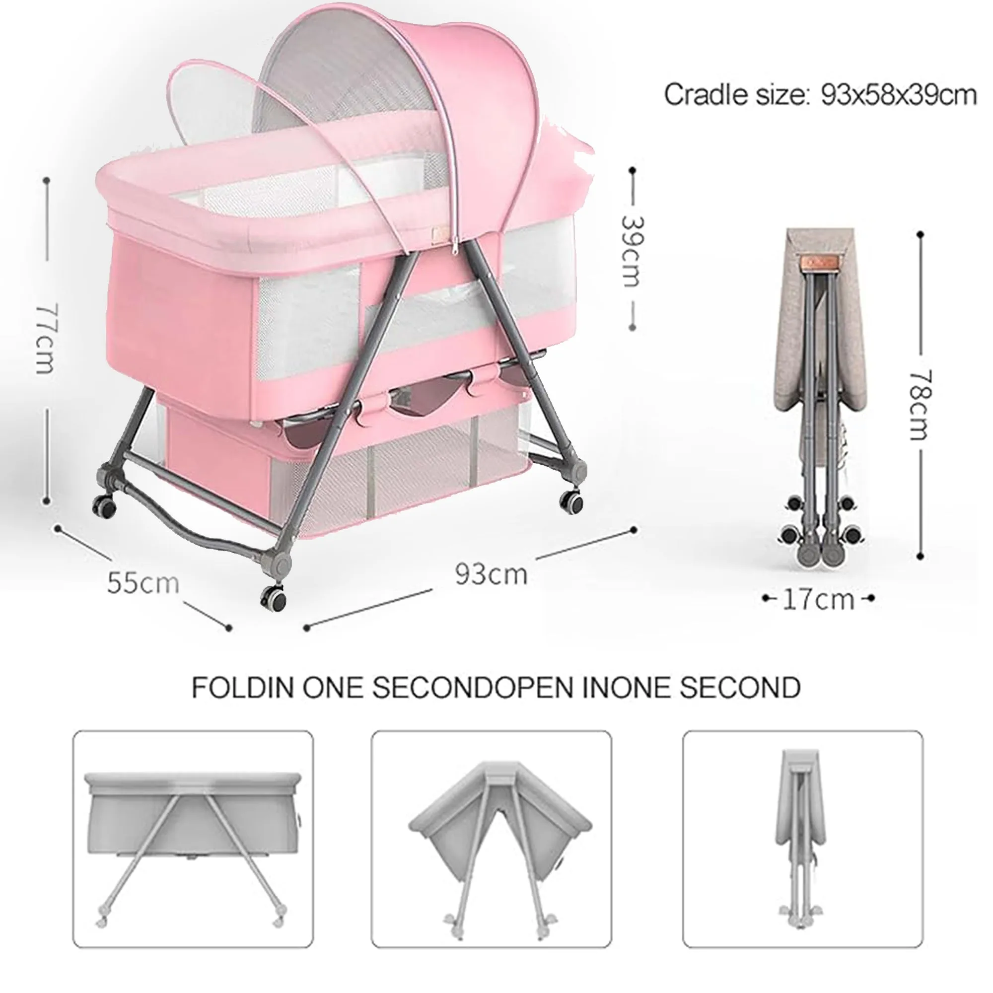 Babymoon Baby Bed Crib Pram Cradle Portable Model with Mosquito Net & Bottom Frame with Handbag | Foldable, Adjustable and Movable-Pink
