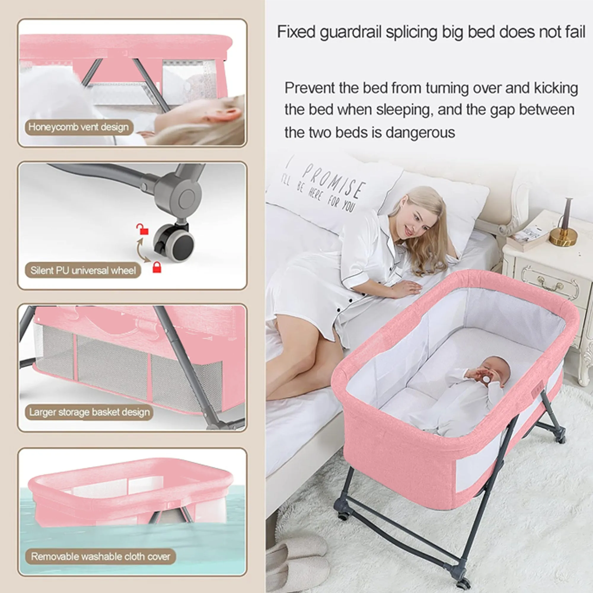 Babymoon Baby Bed Crib Pram Cradle Portable Model with Mosquito Net & Bottom Frame with Handbag | Foldable, Adjustable and Movable-Pink