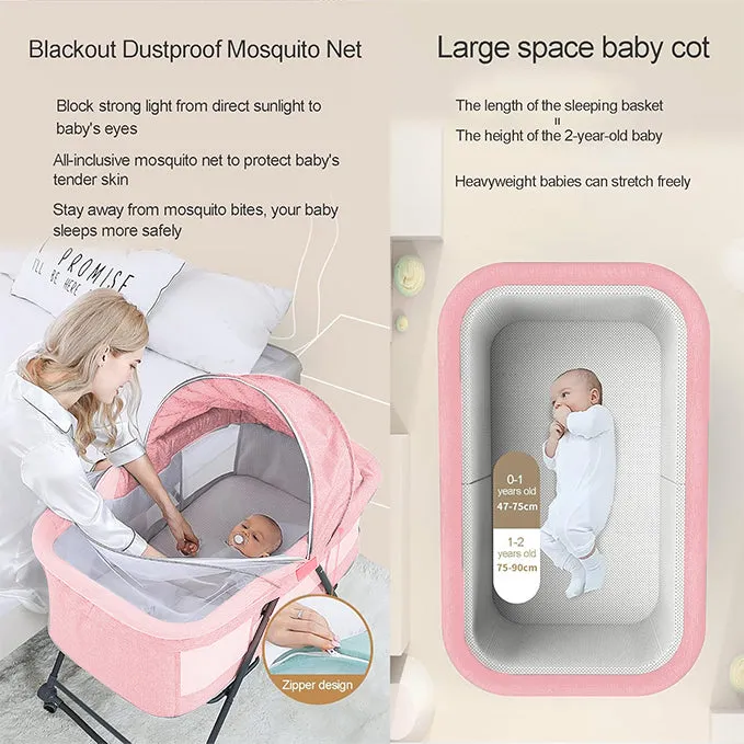 Babymoon Baby Bed Crib Pram Cradle Portable Model with Mosquito Net & Bottom Frame with Handbag | Foldable, Adjustable and Movable-Pink