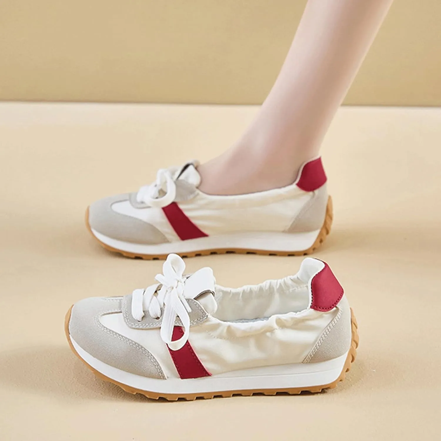Ballet Sneakers for Women Lightweight Round Toes Non-Slip Slip On Shoestrendy Round Toes Lace Up Ballet Shoes Platform Heels Sporty Running Walking Shoe Retro Classic Casual Sneaker
