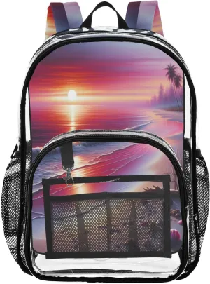 Beach Landscape Sunset Clear Backpack with Back Print, Heavy Duty See Through Backpacks PVC Transparent Daypack for Travel Security