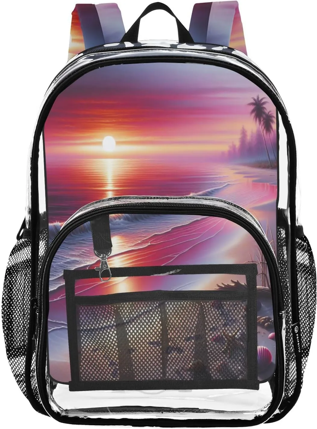 Beach Landscape Sunset Clear Backpack with Back Print, Heavy Duty See Through Backpacks PVC Transparent Daypack for Travel Security