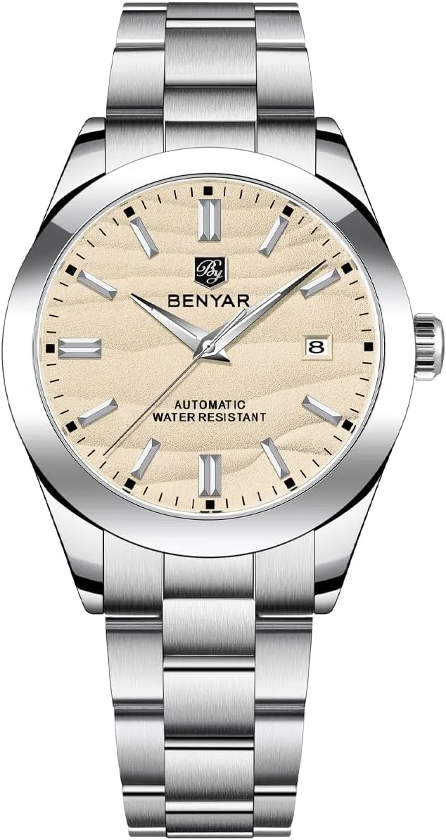 BENYAR Men's Watch Automatic Movement Stainless Steel Strap 50M Waterproof Luminous with Calendar Display Casual Business Men's Sport Watch