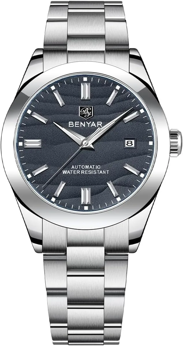 BENYAR Men's Watch Automatic Movement Stainless Steel Strap 50M Waterproof Luminous with Calendar Display Casual Business Men's Sport Watch