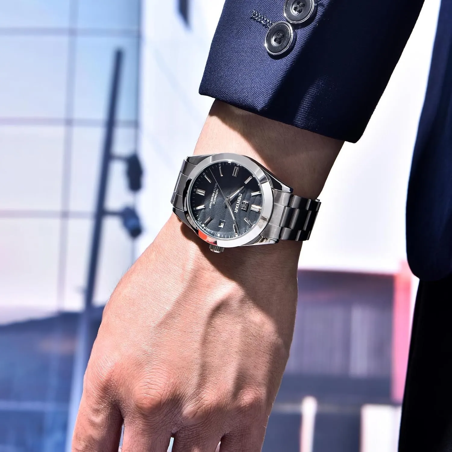 BENYAR Men's Watch Automatic Movement Stainless Steel Strap 50M Waterproof Luminous with Calendar Display Casual Business Men's Sport Watch