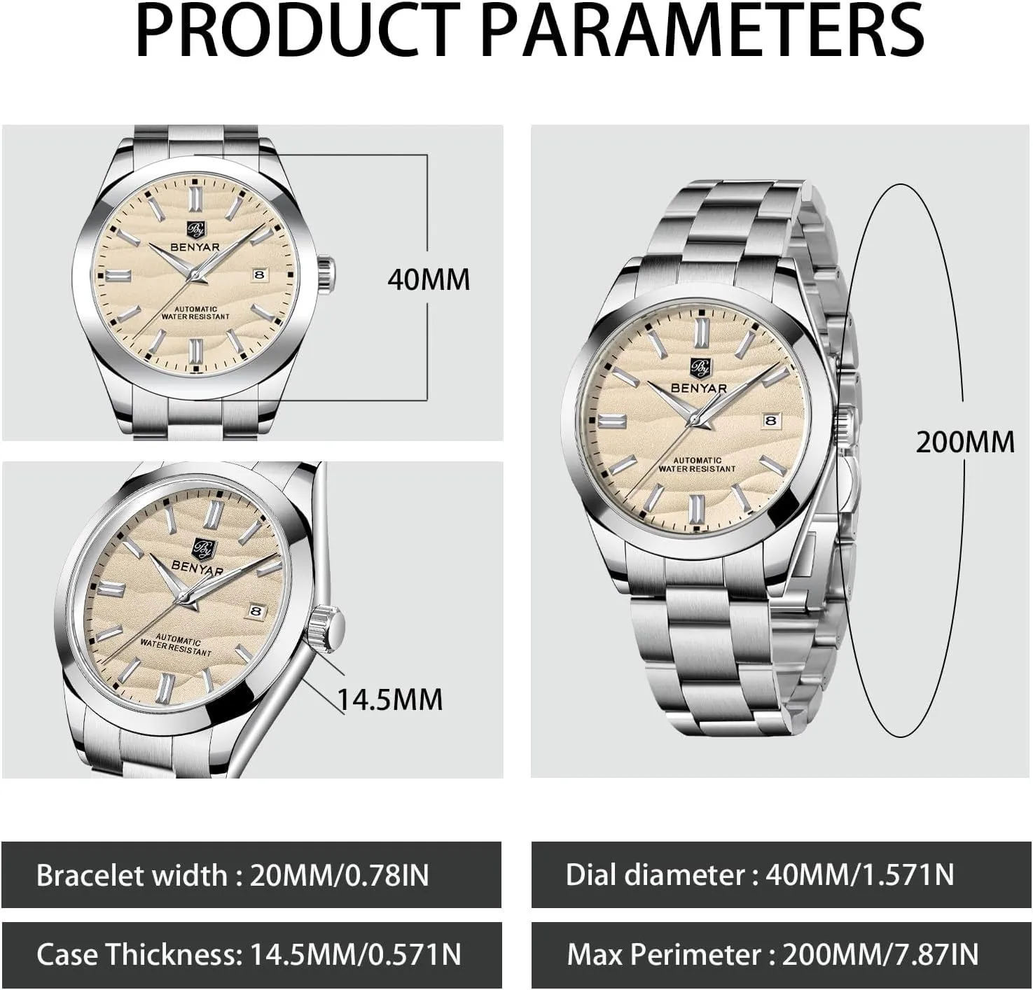 BENYAR Men's Watch Automatic Movement Stainless Steel Strap 50M Waterproof Luminous with Calendar Display Casual Business Men's Sport Watch
