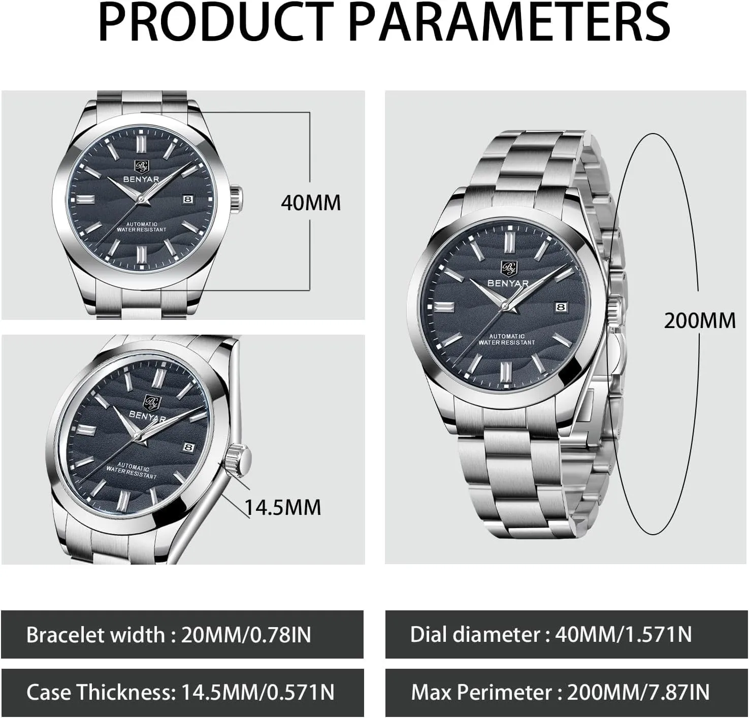 BENYAR Men's Watch Automatic Movement Stainless Steel Strap 50M Waterproof Luminous with Calendar Display Casual Business Men's Sport Watch