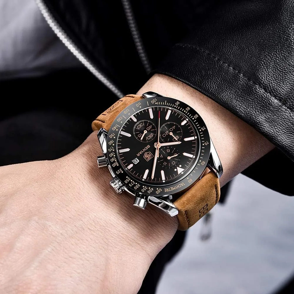 BENYAR Mens Watches Quartz Movement Chronograph Leather Strap Fashion Business Sport Design 30M Waterproof Scratch Resistant Elegant Gifts for Men