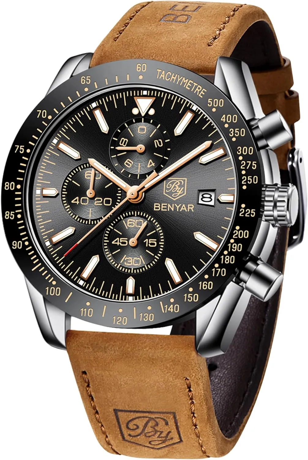 BENYAR Mens Watches Quartz Movement Chronograph Leather Strap Fashion Business Sport Design 30M Waterproof Scratch Resistant Elegant Gifts for Men