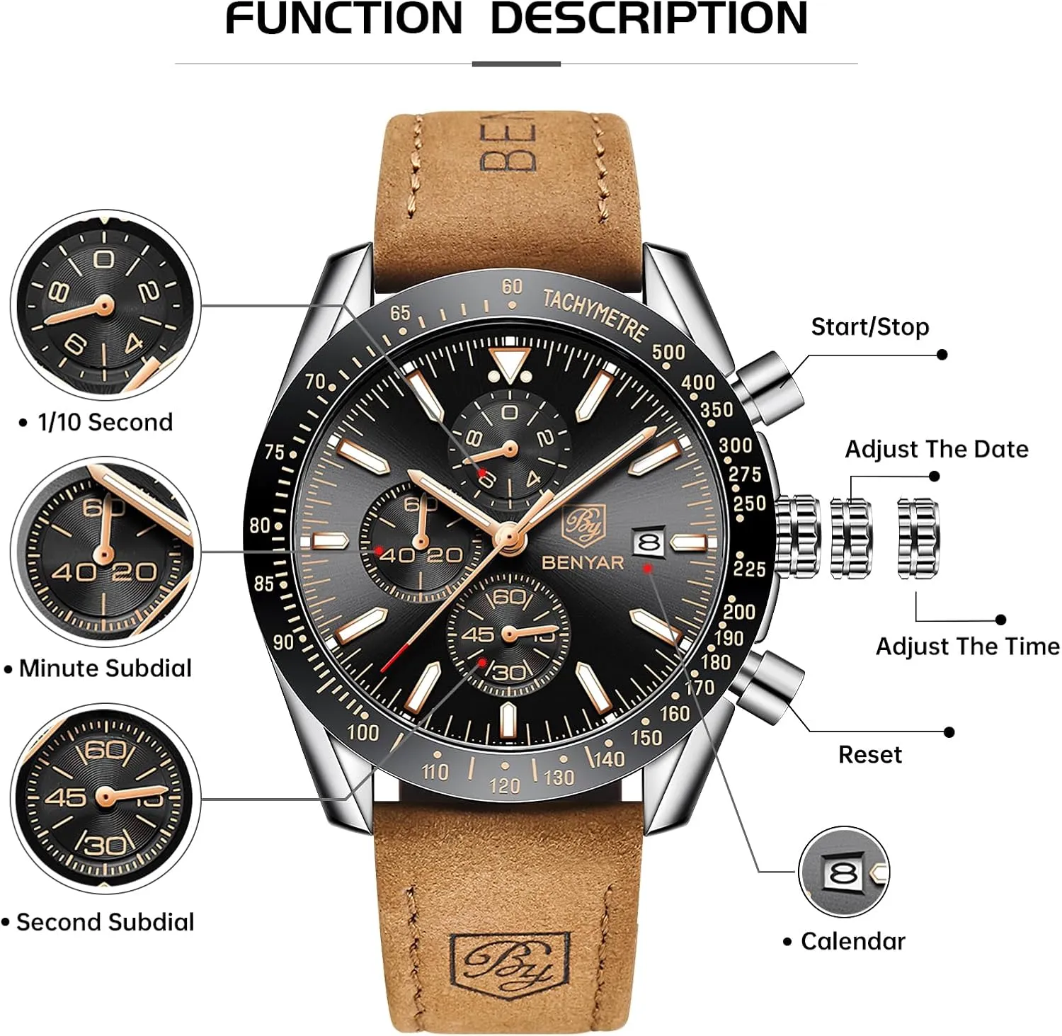 BENYAR Mens Watches Quartz Movement Chronograph Leather Strap Fashion Business Sport Design 30M Waterproof Scratch Resistant Elegant Gifts for Men