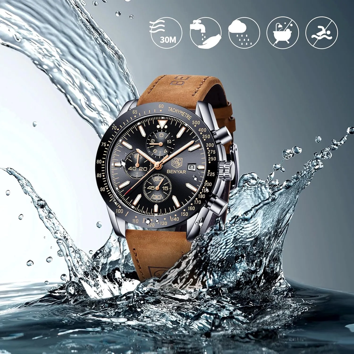 BENYAR Mens Watches Quartz Movement Chronograph Leather Strap Fashion Business Sport Design 30M Waterproof Scratch Resistant Elegant Gifts for Men