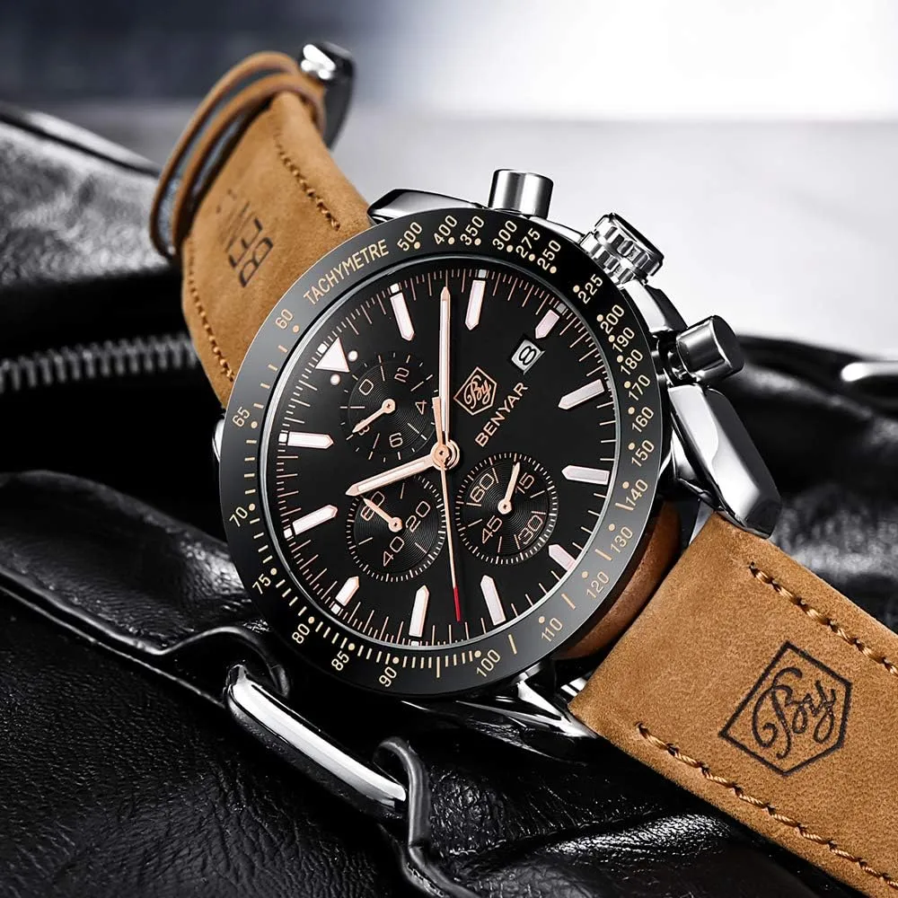 BENYAR Mens Watches Quartz Movement Chronograph Leather Strap Fashion Business Sport Design 30M Waterproof Scratch Resistant Elegant Gifts for Men