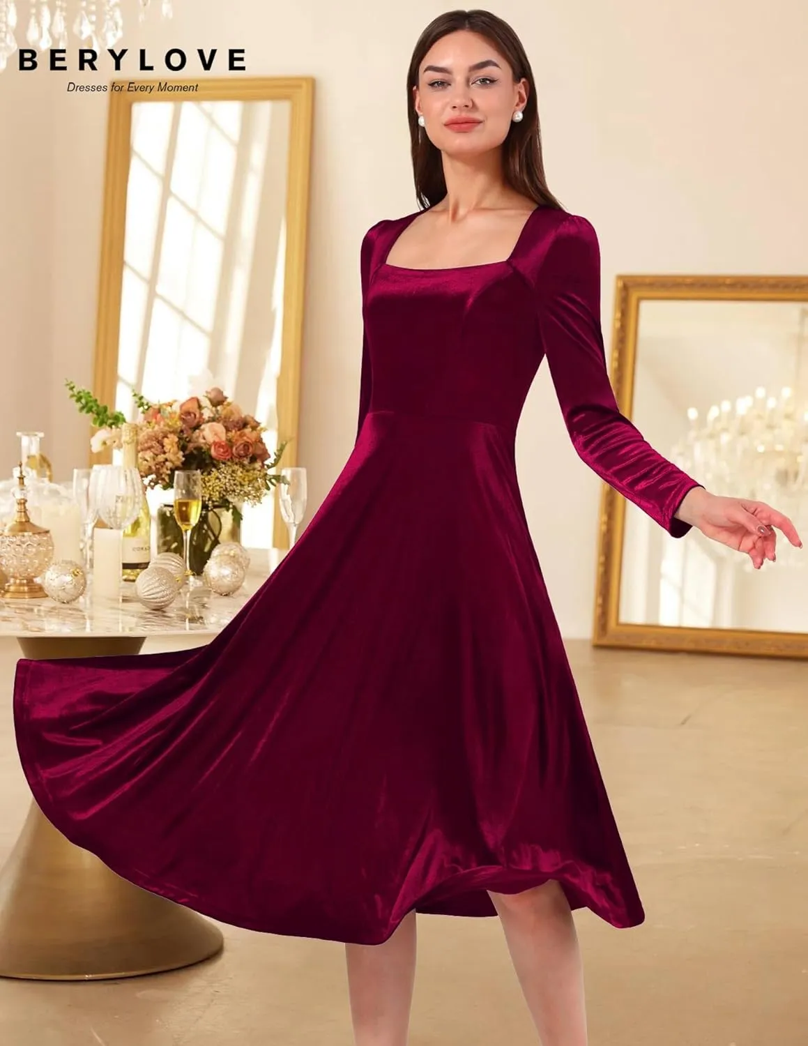 BeryLove Women Velvet Dress Cocktail Party Evening Dresses Long Sleeve Wedding Guest Formal Dresses