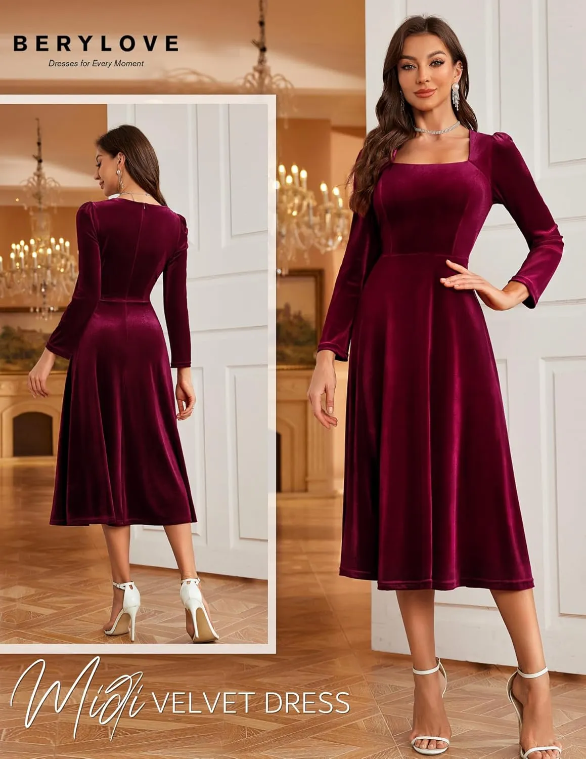 BeryLove Women Velvet Dress Cocktail Party Evening Dresses Long Sleeve Wedding Guest Formal Dresses