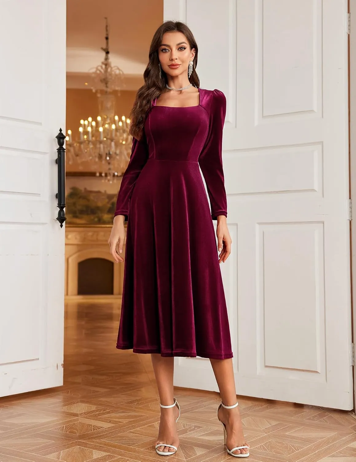 BeryLove Women Velvet Dress Cocktail Party Evening Dresses Long Sleeve Wedding Guest Formal Dresses