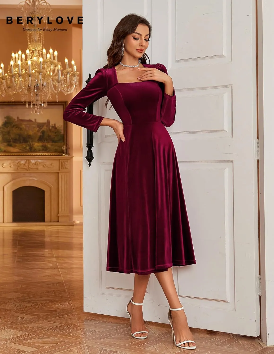 BeryLove Women Velvet Dress Cocktail Party Evening Dresses Long Sleeve Wedding Guest Formal Dresses