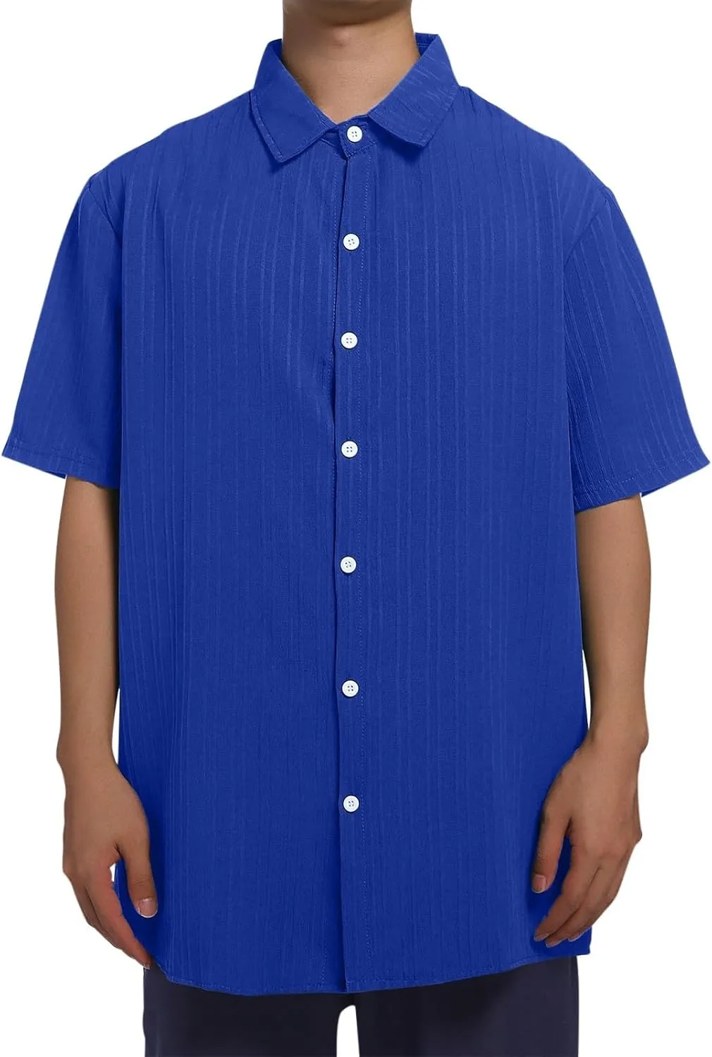 Big and Tall Linen Shirts for Men Short Sleeve Button Down Loose Casual Jacquard Striped T-Shirt Lightweight Summer Basic Tee