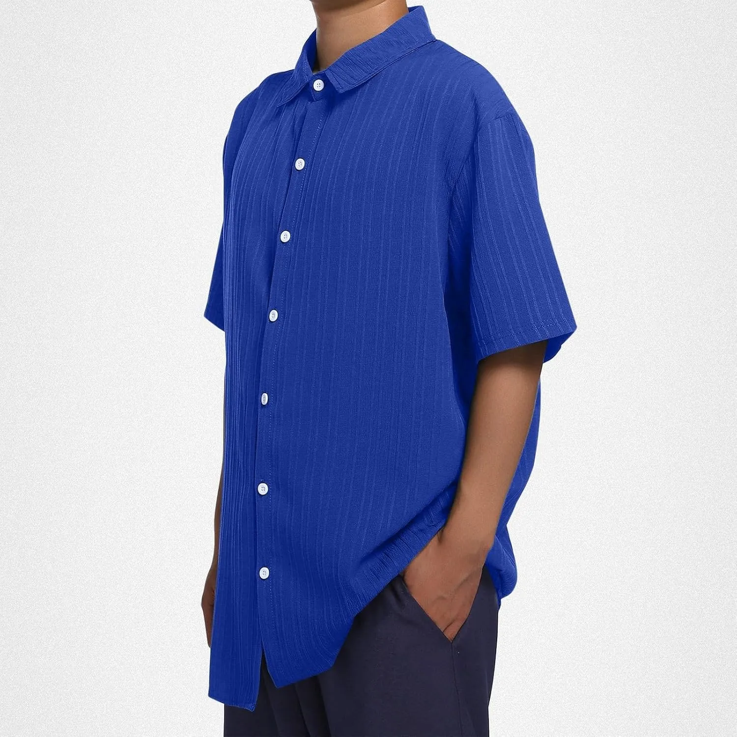 Big and Tall Linen Shirts for Men Short Sleeve Button Down Loose Casual Jacquard Striped T-Shirt Lightweight Summer Basic Tee