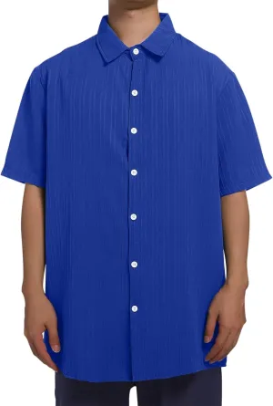 Big and Tall Linen Shirts for Men Short Sleeve Button Down Loose Casual Jacquard Striped T-Shirt Lightweight Summer Basic Tee