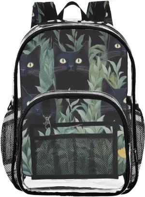 Black Cat Flower Plants Clear Backpack with Back Print, Heavy Duty See Through Backpacks PVC Transparent Daypack for Travel Security