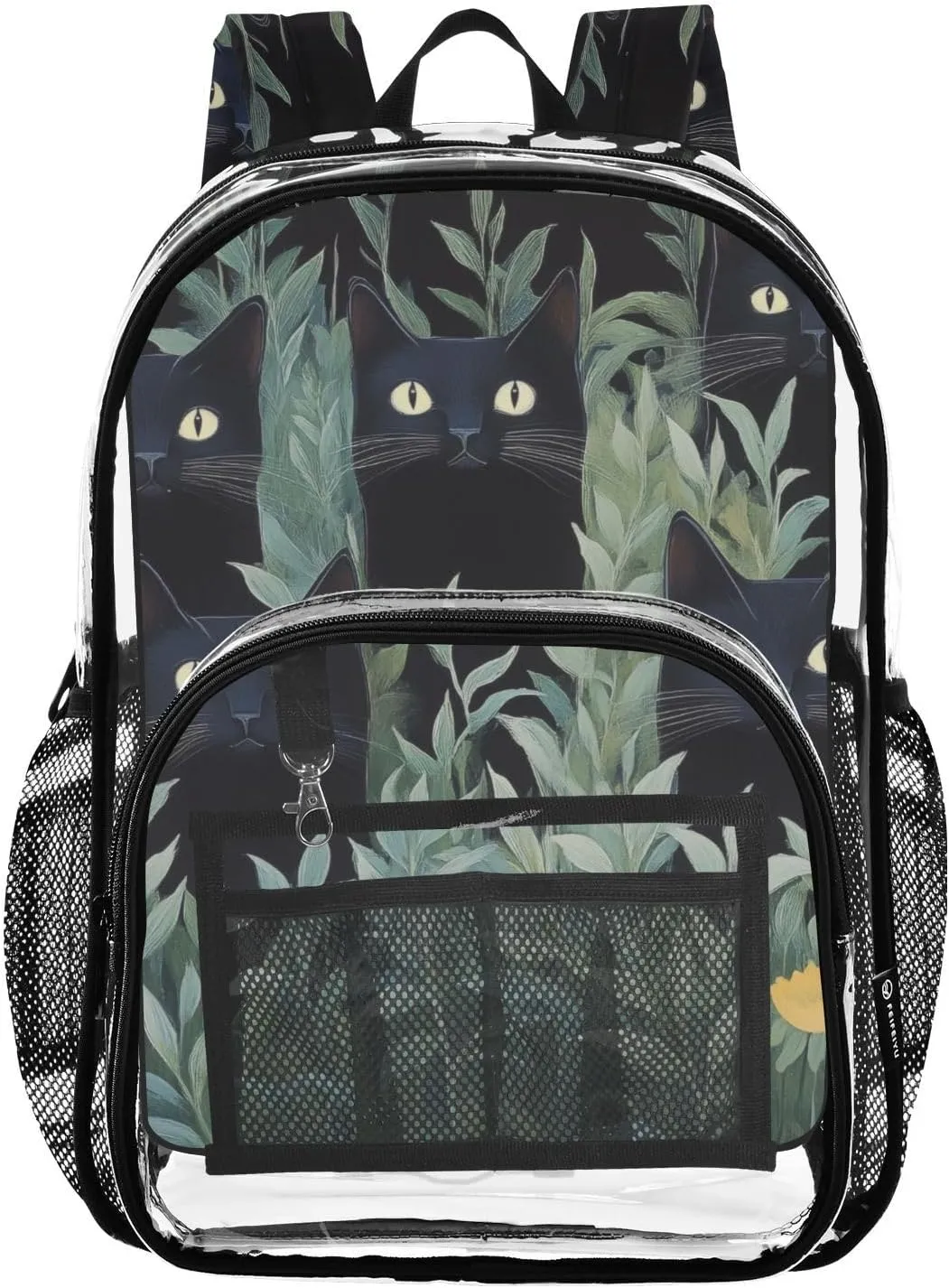 Black Cat Flower Plants Clear Backpack with Back Print, Heavy Duty See Through Backpacks PVC Transparent Daypack for Travel Security