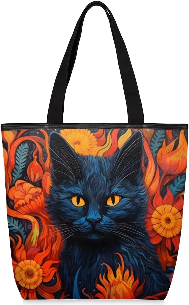 Black Cat Flowers Canvas Tote Bag for Women Large Tote Bag with Zipper & Pockets Canvas Beach Bag Shoulder Bag Reusable Shopping Bags Cute Tote Bags for Work Travel
