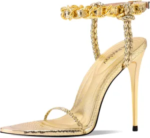 Black Pumps for Women Gold Chain Ankle Strap Open Toe Pointed Toe Stiletto High Heels for Formal Events Weddings Parties and Evening Wear