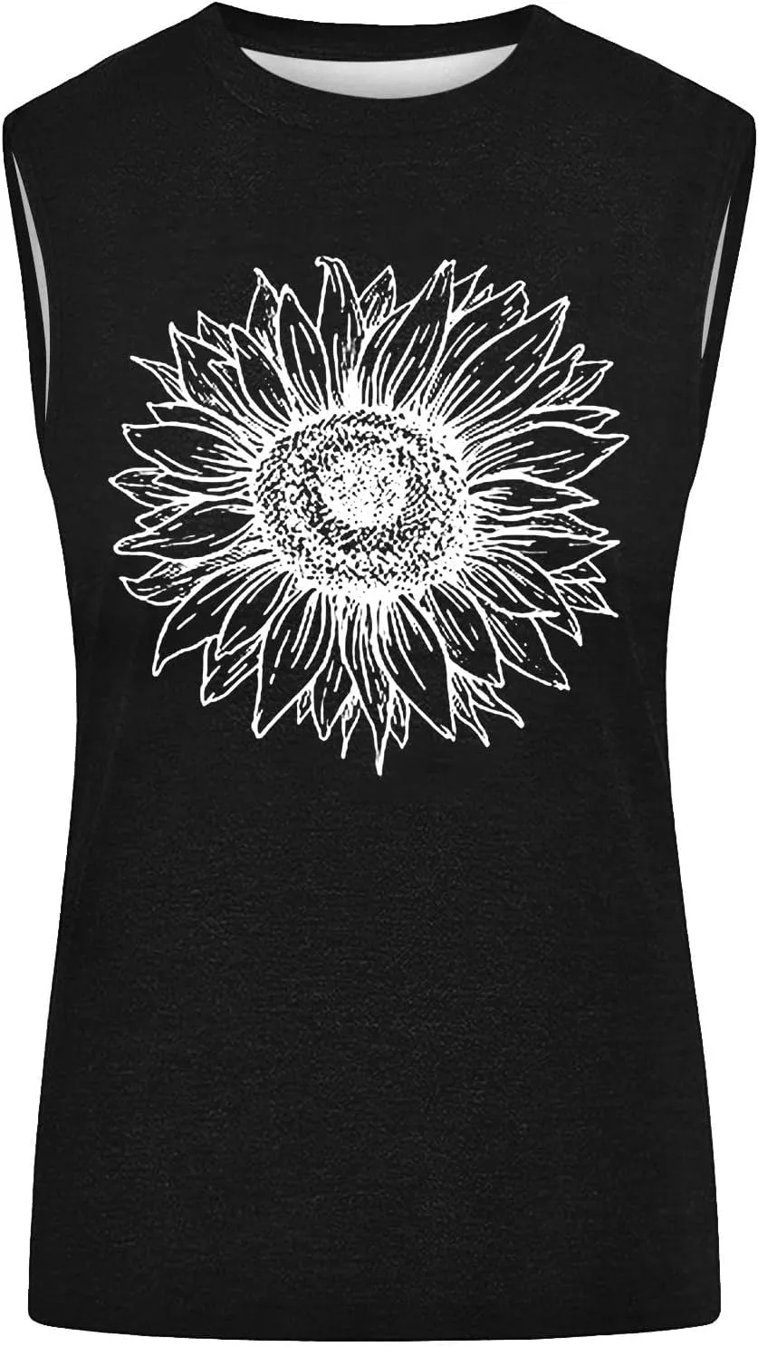 Black Tank Top Womens Flower Print Crewneck Tank Tops Graphic Curved Hem Sleeveless Tops Summer Casual