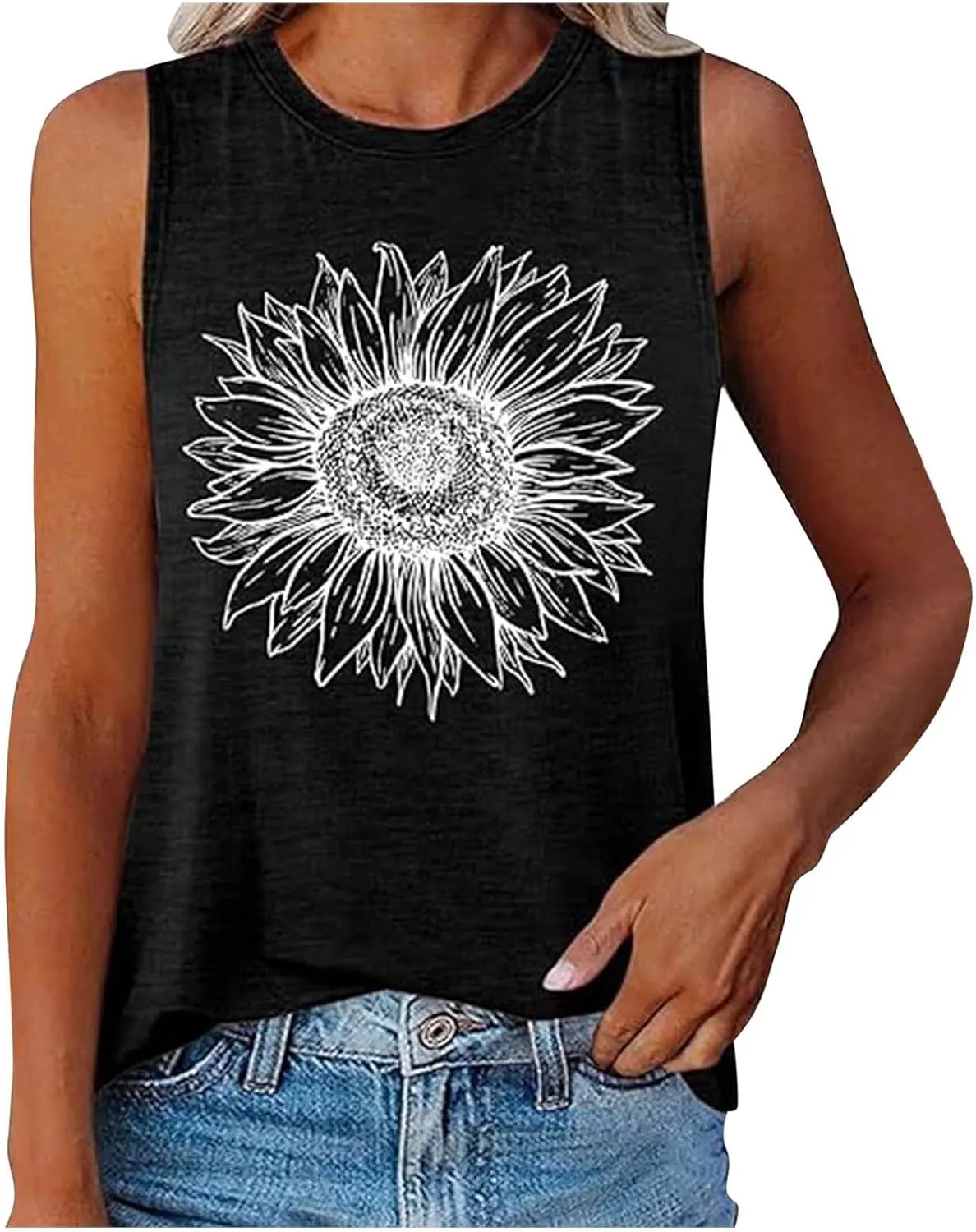 Black Tank Top Womens Flower Print Crewneck Tank Tops Graphic Curved Hem Sleeveless Tops Summer Casual