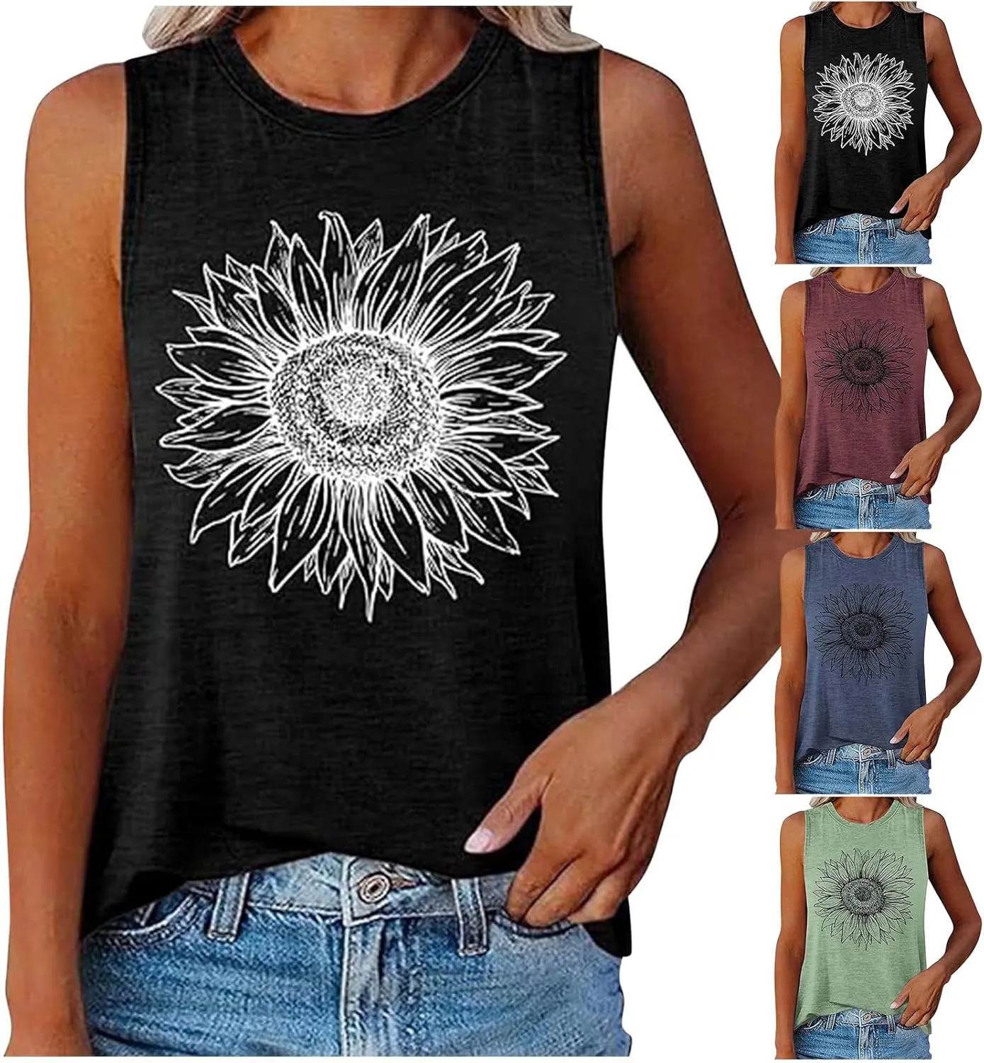 Black Tank Top Womens Flower Print Crewneck Tank Tops Graphic Curved Hem Sleeveless Tops Summer Casual