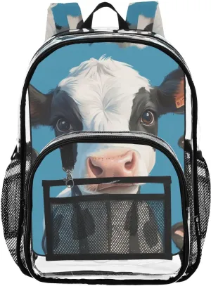 Black White Cows Clear Backpack with Back Print, Heavy Duty See Through Backpacks PVC Transparent Daypack for Travel Security