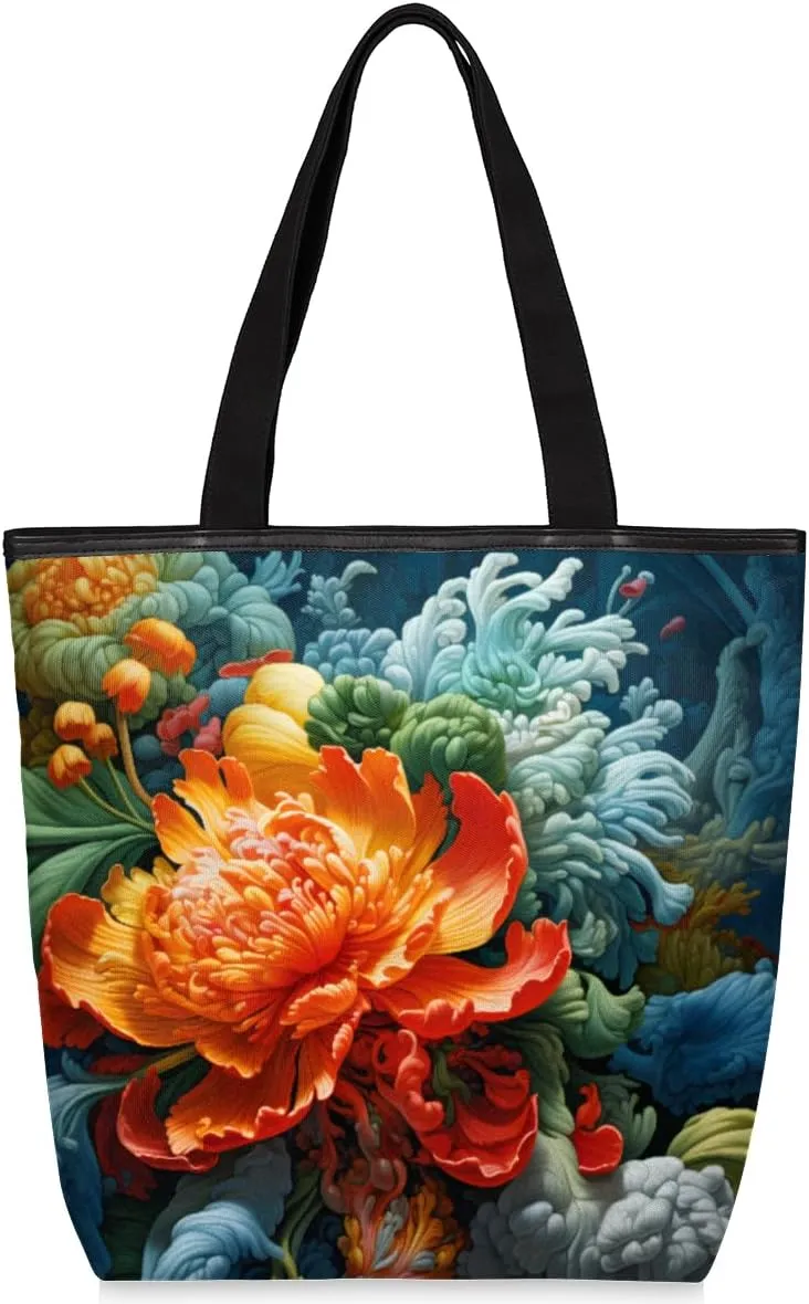 Blossom Canvas Tote Bag for Women Large Tote Bag with Zipper & Pockets Canvas Beach Bag Shoulder Bag Reusable Shopping Bags Cute Tote Bags for Work Travel