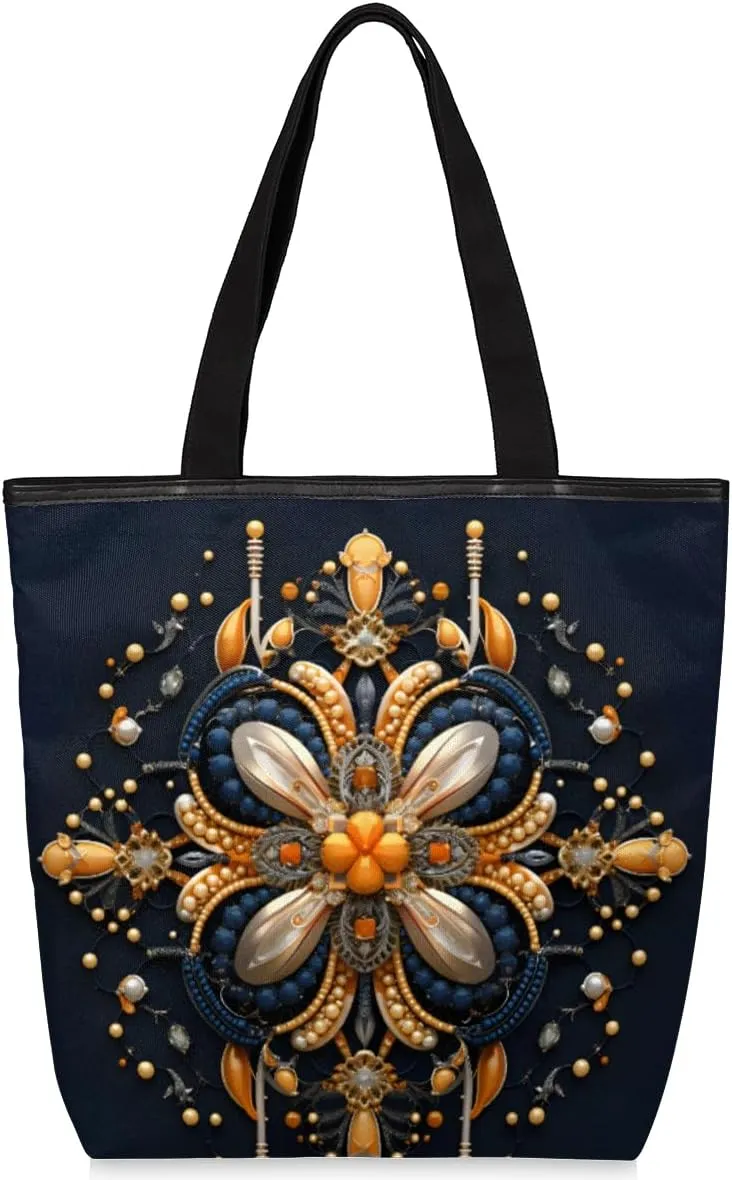 Bohemian Canvas Tote Bag for Women Large Tote Bag with Zipper & Pockets Canvas Beach Bag Shoulder Bag Reusable Shopping Bags Cute Tote Bags for Work Travel