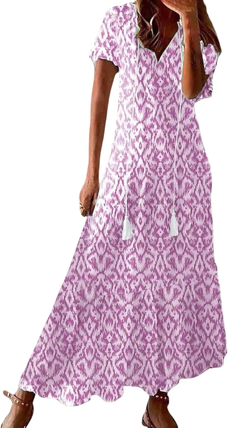 Boho Floral Dress for Women Summer Casual V Neck Ruffle Maxi A Line Flowy Beach Dress Wedding Guest Dresses