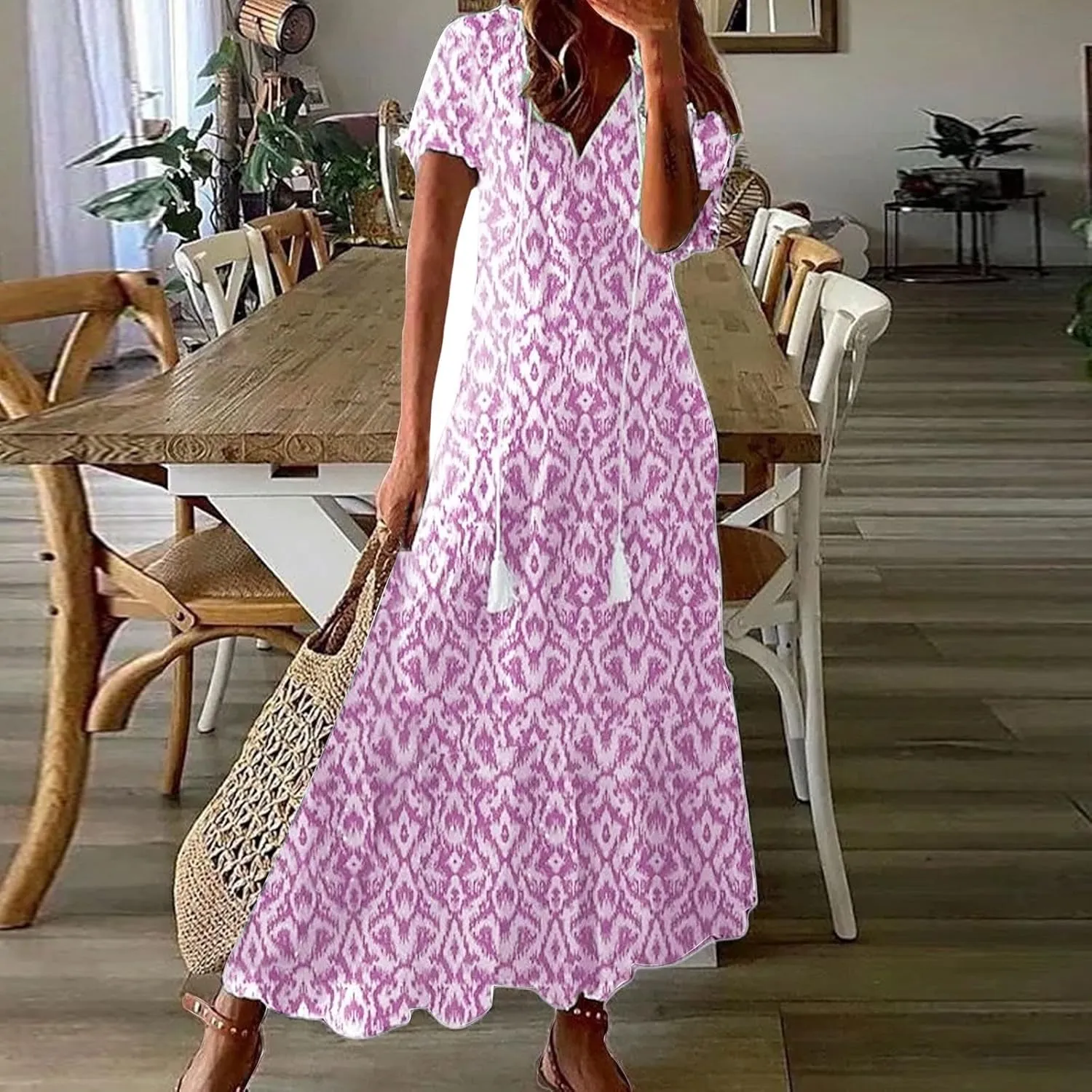 Boho Floral Dress for Women Summer Casual V Neck Ruffle Maxi A Line Flowy Beach Dress Wedding Guest Dresses