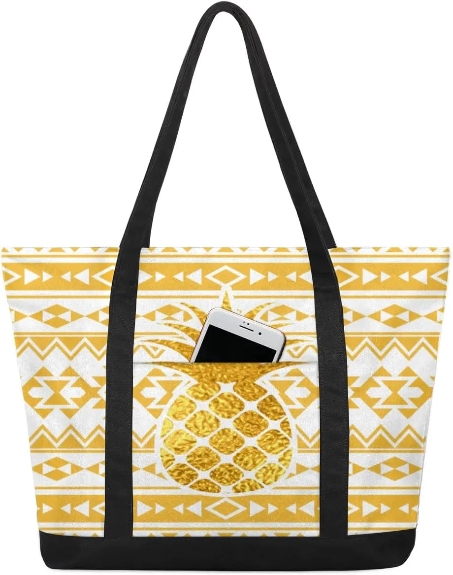 Boho Golden Pineapple Tote Bag for Women Work Canvas Travel Tote Bags with Zipper Large Capacity Casual Handbag with Inner Pockets Reusable Shopping Shoulder Bag for Teacher Nurse