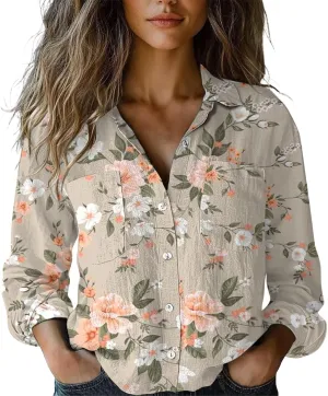 Boho Tops for Women Cotton Linen Button Down Muslin Blouses Vintage Floral Graphic Shirts Loose Fit Long Sleeve Blouse