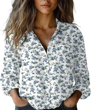 Boho Tops for Women Cotton Linen Button Down Muslin Blouses Vintage Floral Graphic Shirts Loose Fit Long Sleeve Blouse