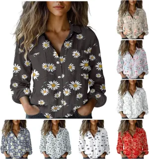Boho Tops for Women Cotton Linen Button Down Muslin Blouses Vintage Floral Graphic Shirts Loose Fit Long Sleeve Blouse