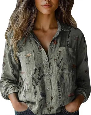 Boho Tops for Women Cotton Linen Button Down Muslin Blouses Vintage Floral Graphic Shirts Loose Fit Long Sleeve Blouse