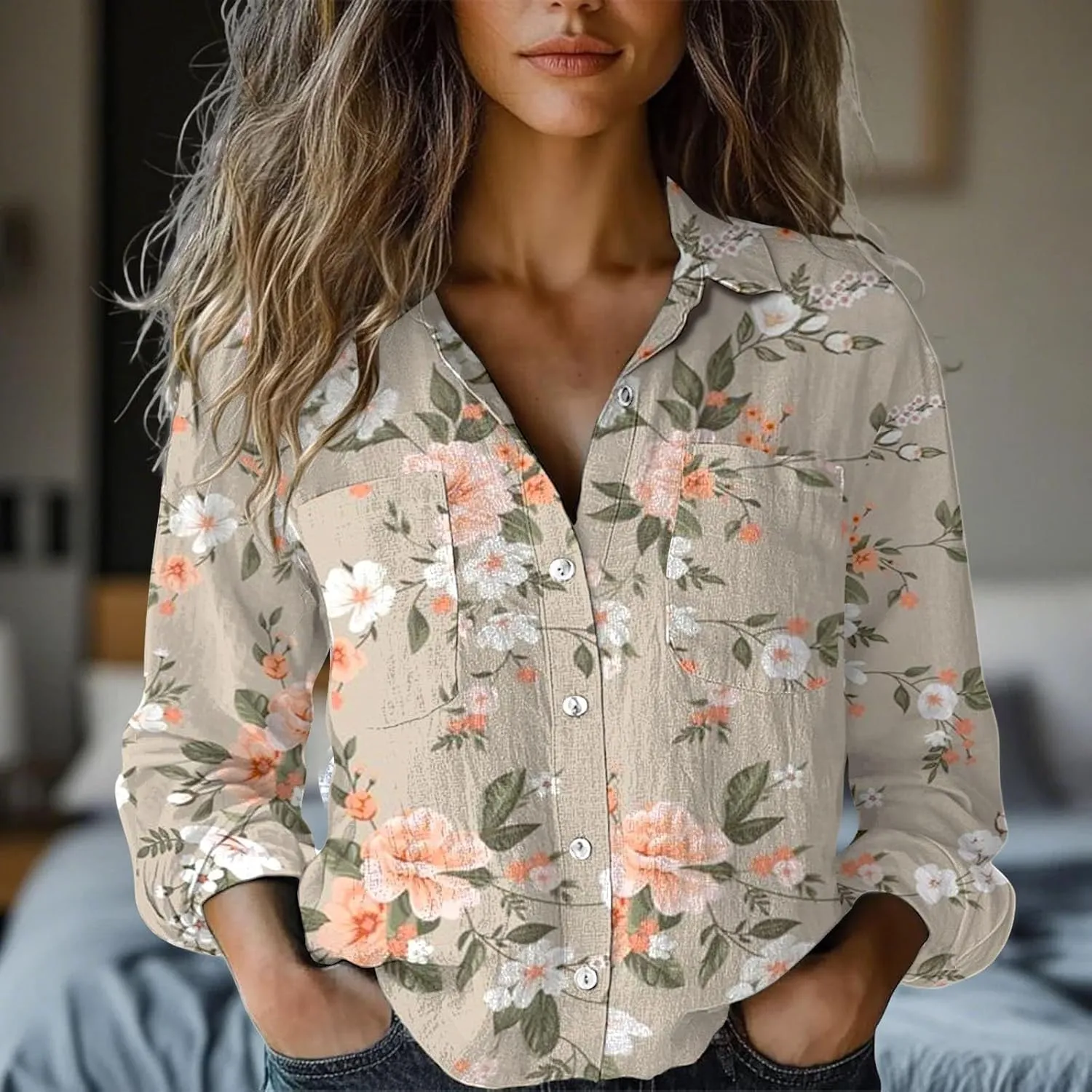 Boho Tops for Women Cotton Linen Button Down Muslin Blouses Vintage Floral Graphic Shirts Loose Fit Long Sleeve Blouse